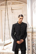 Black Self-Embossed Sherwani with Cut Dana Detailing