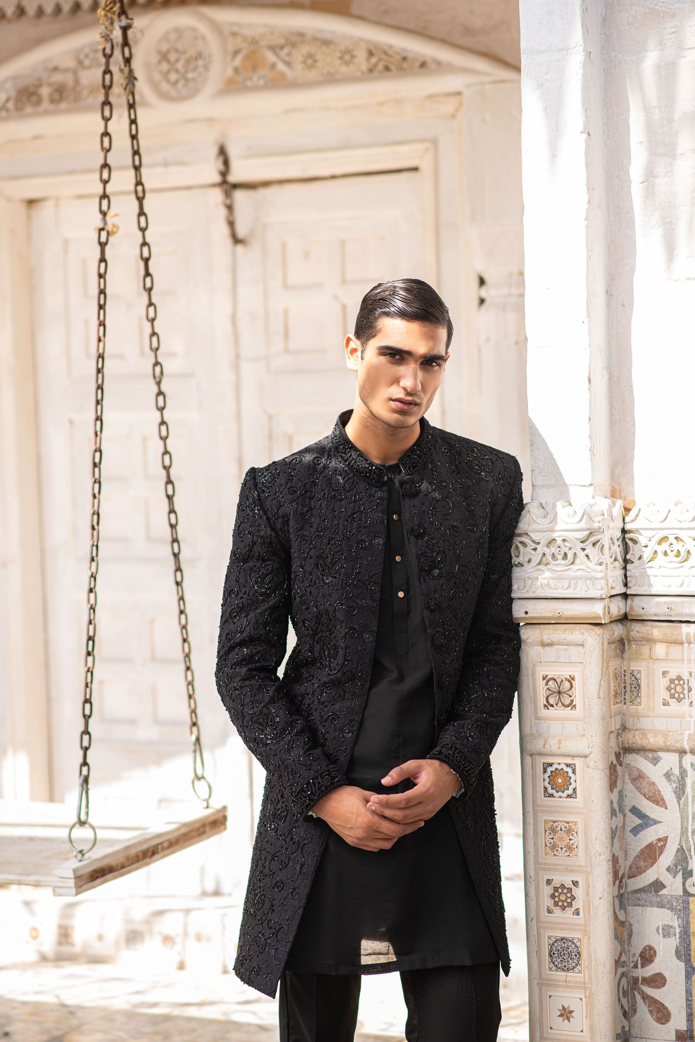Black Self-Embossed Sherwani with Cut Dana Detailing