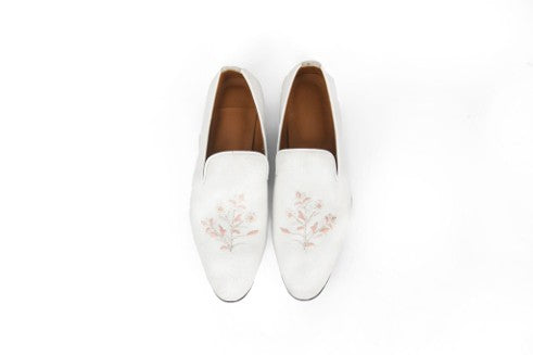 White Armani Loafers with Hand Embroidered Floral Motif