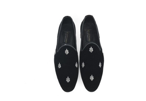 Black Velvet Loafers with Grey Zardozi Embroidery
