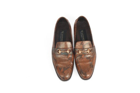 Tan Brown Python Leather Loafers with Gold Horsebit