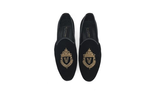 Black Velvet Loafers with Hand Embroidered Motif