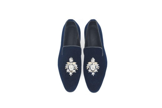 Navy Blue Velvet Loafers with Hand Embroidered Floral Motif
