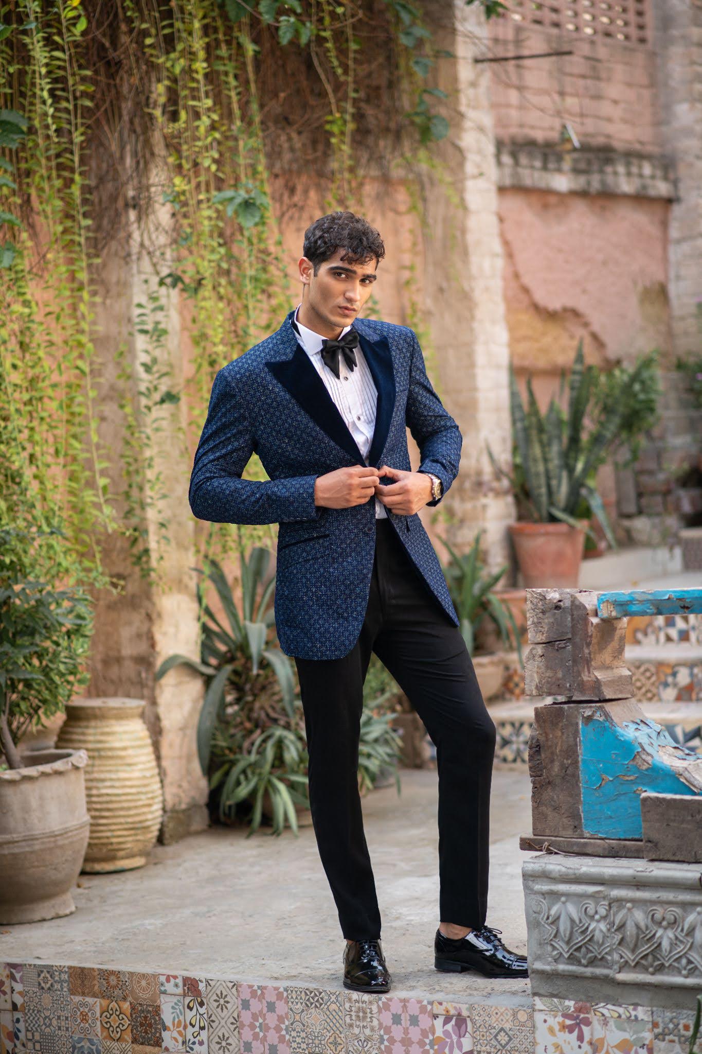 Navy Velvet-Embossed Geometric Tuxedo